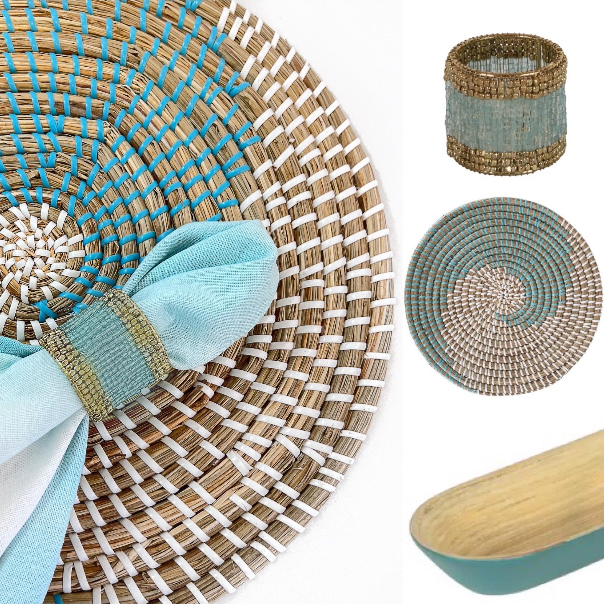 Tablescapes and table accessories, beaded napkin rings, linen napkins and placemats.