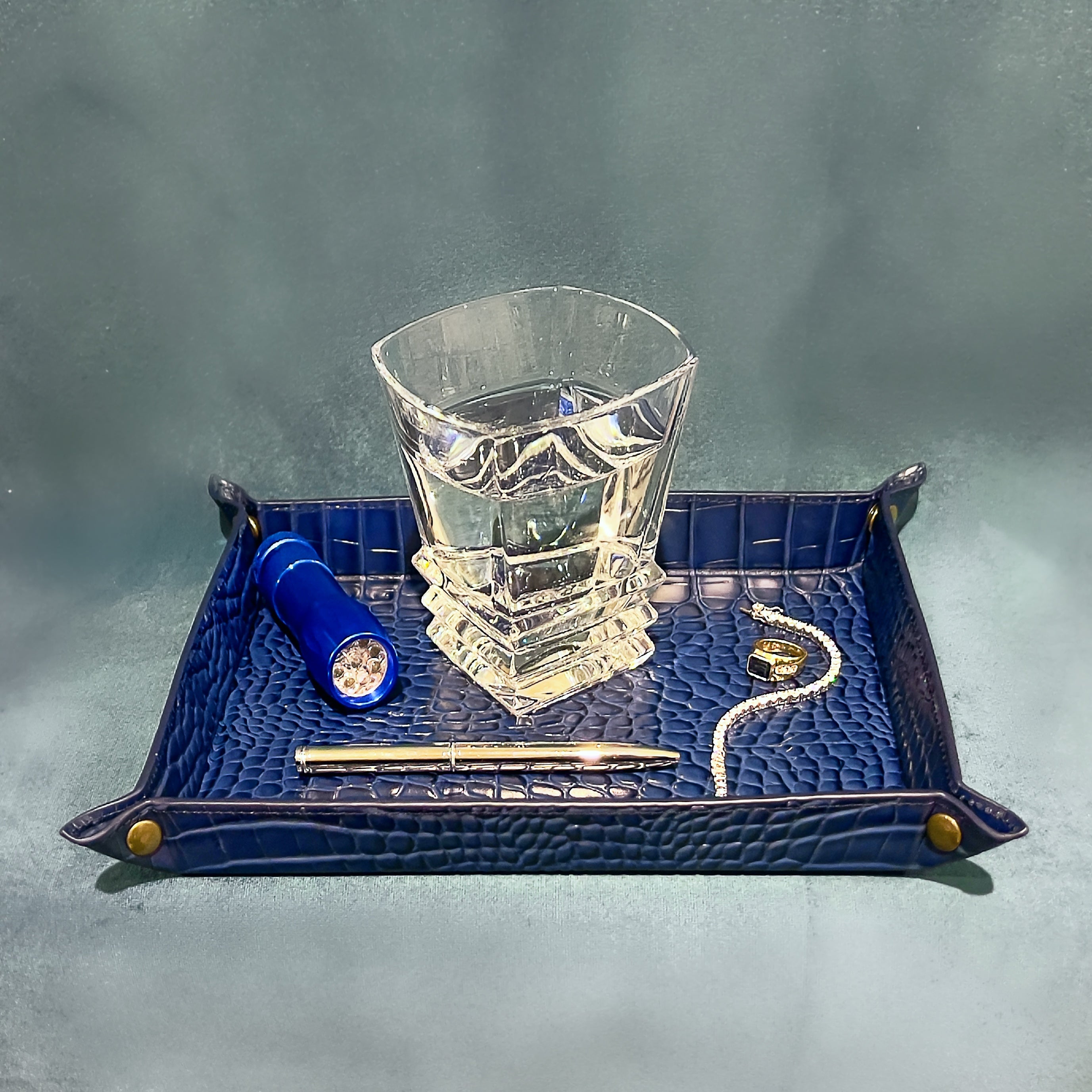 Genuine Leather Valet Tray in Navy Blue Embossed Alligator Print