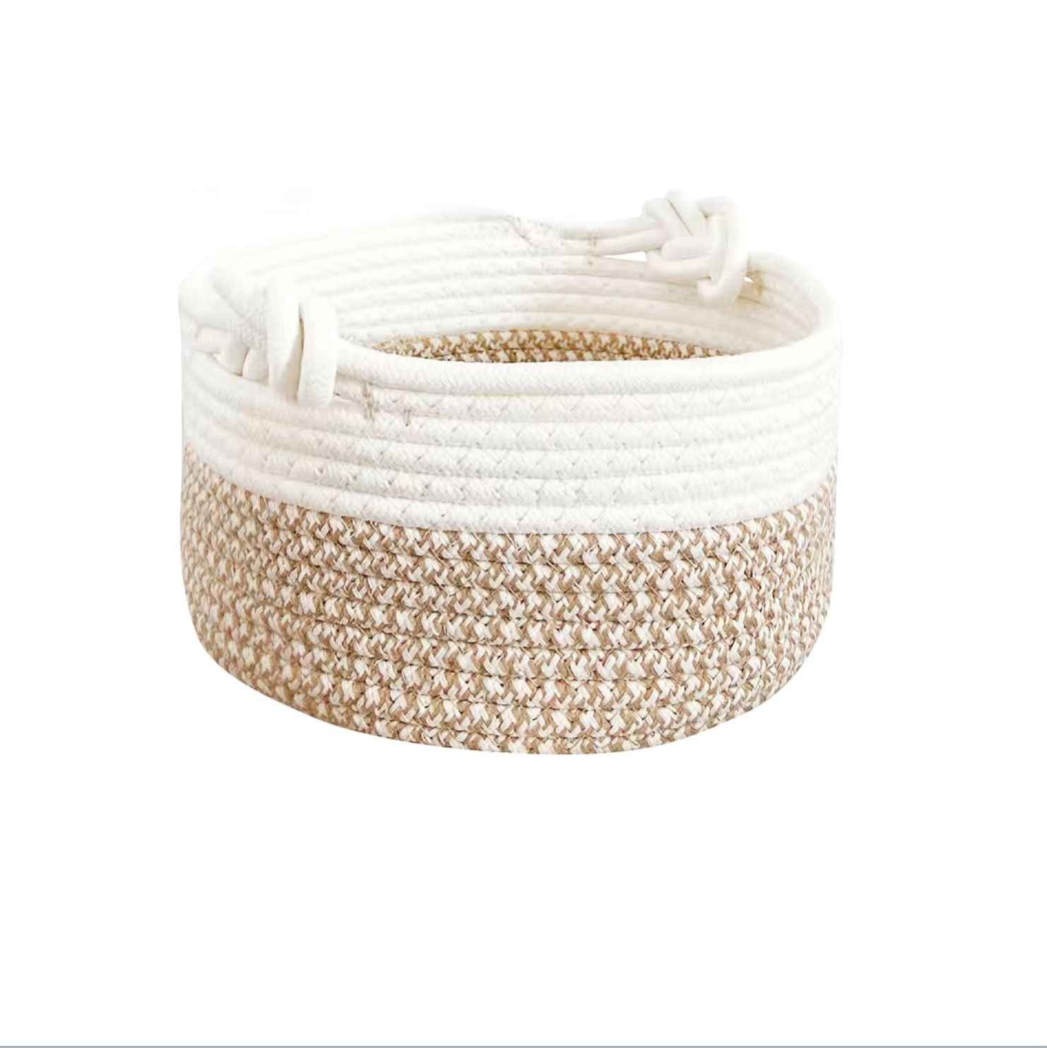 Small Braided Rope Round Baskets in Tan & White