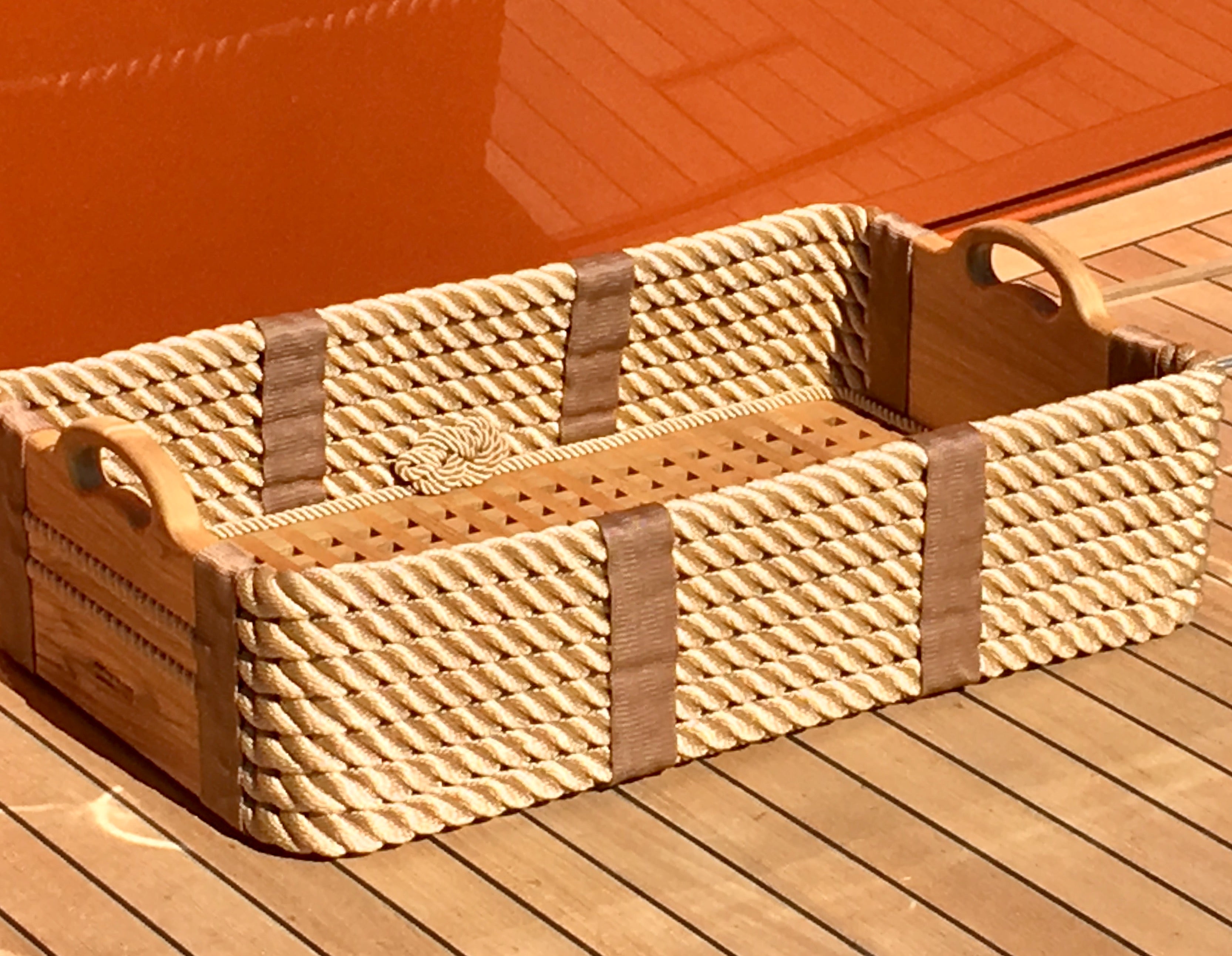 Rope and teak yacht shoe basket. Handmade in Italy