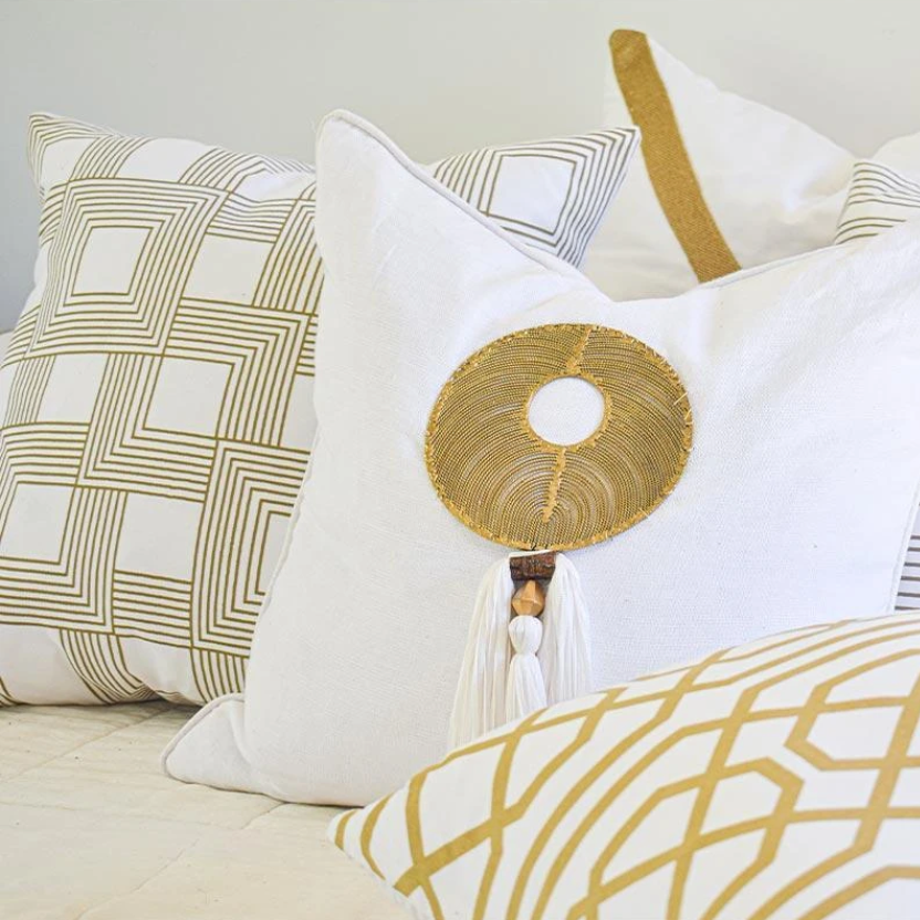 Bandhini White & Gold Tassel Disc Lounge Cushion